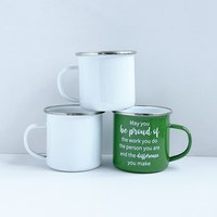 Mug de camping personnalisé en émail blanc avec bordure argentée – Lot en gros pour usage commercial – Offre groupée pour commandes en vrac