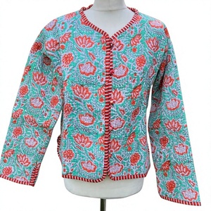 green <b>jacket</b> features red floral <b>patterns</b> with decorative button front creating an ethnic bohemian design perfect for casual - Product Image 1