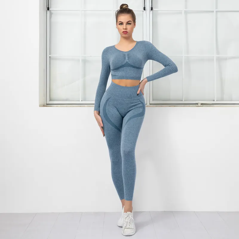 Yeni moda 10 renk yüksek bel sıkı dikişsiz kadın setleri spor spor salonu koşu Yoga eşofman takımı