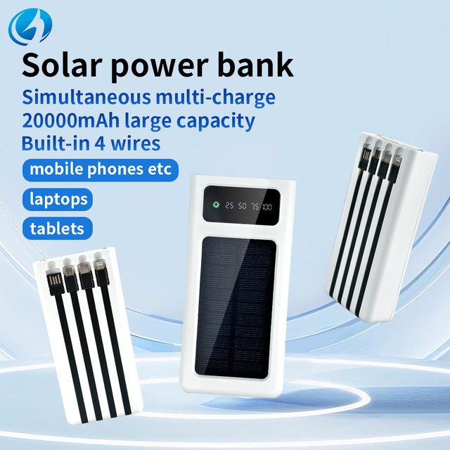 Custom Logo Solar Power Bank 20000mAh Built-in Cables LED Display Fast Charging Solar Power Bank