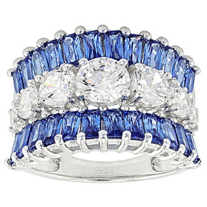 Anillo de compromiso de moda para mujer F429 con tres piedras de zafiro natural y engaste de púas redondas - Product Image 1
