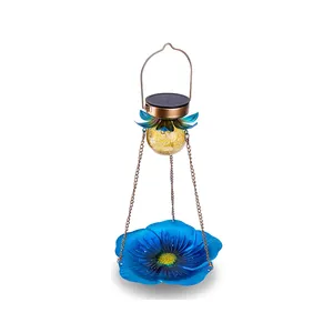 Nampan Bunga Kaca Gantung Logam Tahan Air, Dekorasi Luar Ruangan Tempat Makan Biji Burung Surya dengan Lampu Bola Kaca