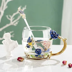 Tasse à café en verre transparent avec fleur papillon en émail 11oz, tasse à thé, tasse à lait, tasse à papillon, ensemble cadeau pour maman, enseignant, anniversaire de petite amie