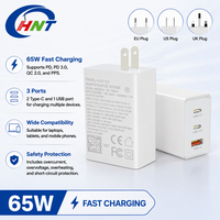Chargeur mural rapide HNT 65W GaN PD QC PPS avec 1 port USB-A et 2 ports Type-C pour iPhone Samsung Ordinateur portable Tablette Voyage