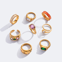 Bague Statement Femme en Gros, Or Doré, Pierre Précieuse Colorée, Style Français Vintage, Bijoux en Acier Inoxydable