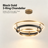 Lampu Chandelier Cincin 3 Tingkat Black Gold Modern LED, Lampu Gantung Plafon untuk Ruang Tamu Ruang Makan