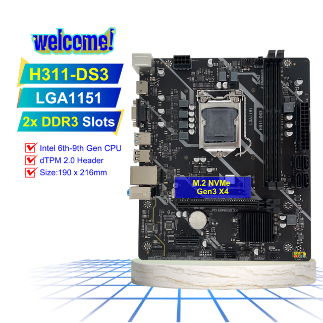 NEW H311-DS3 Supports TPM 2.0 Header Intel 6th-9th Gen CPU Dual Channel 2X DDR3 NVMe M2 SATA3.0 USB3.0 H310 Motherboard