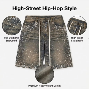 Shorts de mezclilla Euro-Americanos de corte recto, estilo Hip-Hop, con incrustaciones de diamantes, lavado medio, de nailon/algodón, novedad 2026 - Product Image 5