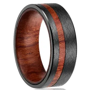 Custom Made Mens Black Tungsten Carbide Ring Mass Brushed Flat Inner Hole Inlaid Wood Comfort Fit Wedding Band