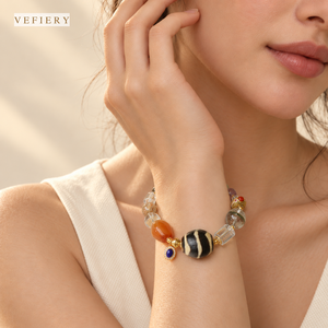 Pulsera de cuentas mixtas de ágata rayada Dzi natural, cuarzo transparente con inclusión de fantasma verde y negro para mujer, joyería al por mayor - Product Image 2