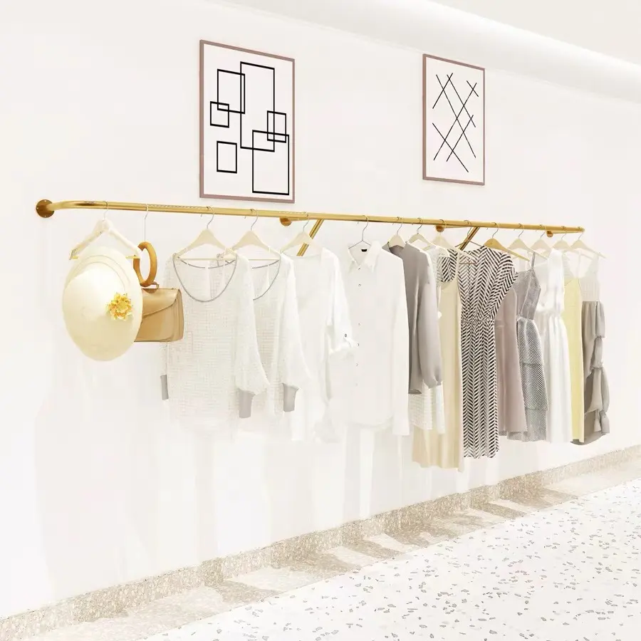 Boutique Gold Stainless Steel Wall Mounted Hanging Clothes Rack Space Save Single Bar Clothing Display Racks For Women Shop