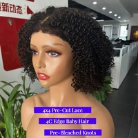 Perruques sans colle en dentelle pré-coupée Fluffy 4x4 5x5, Perruque courte bob bouclée crépue 4C avec baby hair, Perruques en cheveux humains pour femmes noires