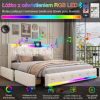 Lit multifonctionnel avec rangement intégré, cadre en velours, éclairage LED RGB, audio Bluetooth, chargeur sans fil, port USB C