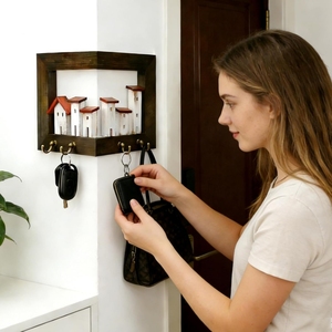 Porte-clés mural Art Déco 3D en bois rustique avec 4 crochets pour salon, salle de bain, entrée, couloir - Product Image 5