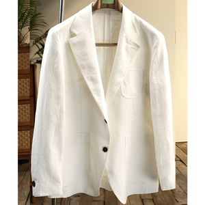 Blazer Homme Décontracté en Lin 100% Italien Blanc Léger Semi-Doublé à Deux Boutons Simple Boutonnage Revers Cranté - Product Image 2