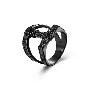 Nordic Viking Thor's Hammer Titanium Steel <b>Ring</b> Men's Black Letter Design Fashion Jewelry Gift - Product Image 1
