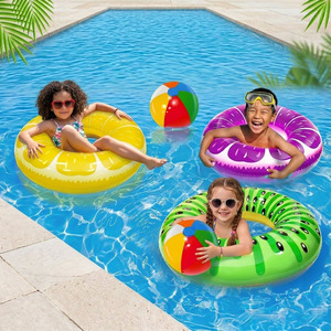 Paquete de 6 Flotadores de Piscina de Verano, <span class=keywords><strong>3</strong></span> Anillos Inflables con Forma de Fruta, <span class=keywords><strong>3</strong></span> Pelotas de Playa Arcoíris, Juguetes Acuáticos para Niños y Adultos - Product Image 1