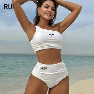 RUIQUWIN 2026 Nouveau Maillot de Bain Femme Push-up Couleur Unie Plissé Taille Haute Asymétrique avec Logo Avant pour Vacances à la Plage - Product Image 1