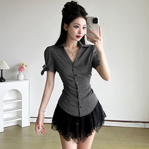 Camisa de Oficina Estilo Francés con Botones, Cintura Ajustada, Manga Abullonada, Blusa de Manga Corta con Lazo, Elegante y Chic para Mujer - Product Image 4