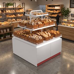 Présentoir de boulangerie modulaire double face tendance, îlot <span class=keywords><strong>à</strong></span> 3 niveaux avec étagères <span class=keywords><strong>à</strong></span> <span class=keywords><strong>pain</strong></span> étagées et paniers métalliques en acier robuste de 1,2 mm, montage rapide - Product Image 3