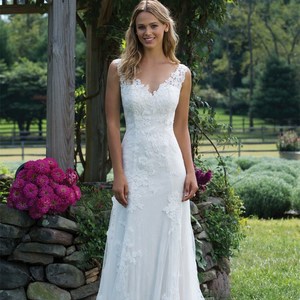 Simple <b>Lace</b> V Neck Wedding Dress A Line <b>White</b> With Zipper Natural Waistline 2026 Style - Product Image 1