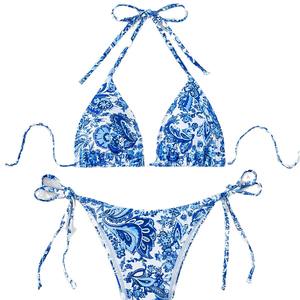 Traje de Baño de Dos Piezas con Cordones Florales Estilo Europeo Americano para Mujer, Bikini Nuevo con Logotipo en la Cintura, Parte Inferior Sexy con Estampado Floral - Product Image 4