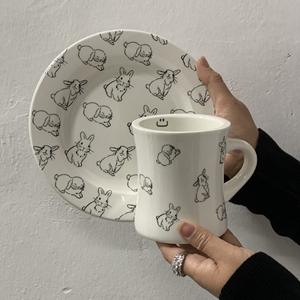 Tasse en céramique style coréen avec motif lapin, assiette à petit-déjeuner, assiette à dessert - Product Image 5