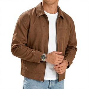 <b>Men's</b> Brown <b>Suede</b> Leather <b>Jacket</b> Turn-down Collar Zipper Closure Casual Autumn Wear Regular Length Solid Color - Product Image 1