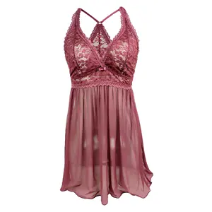 Robe en dentelle sexy pour femme, vêtement de nuit en dentelle rouge, Mini sangle, type sangle Y, maille, col licou, taille haute, lingerie unie, nouvelle collection 2020