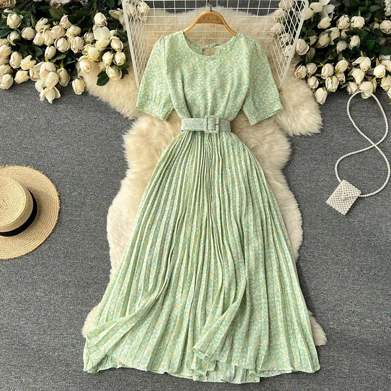 Summer Sweet O Neck Short Sleeve Tight Hem Floral Chiffon Pleat Dress Women Casual Holiday High Tea A-Line Dresses Ladies