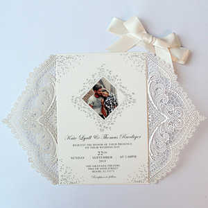 Invitations de fiançailles et d'affaires de <span class=keywords><strong>mariage</strong></span> de ruban découpé au laser de luxe Carte-cadeau en papier élégante avec sceau d'enveloppe de style croisé - Product Image 2