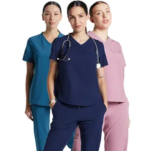 YH महिला नर्स अस्पताल वर्दी मेडिकल स्क्रब टॉप स्पैन्डेक्स स्ट्रेच फैशनेबल वर्दी सूट बुना स्पा सैलून सौंदर्य वर्दी सेट