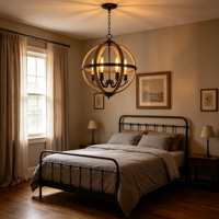 Lustre Globe Noir Effet Bois avec Anneau Lumineux Style Ferme et Ampoules Chandelles pour Salon, Salle à Manger, Chambre