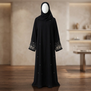 Ensemble Modeste Abaya Noire à Motifs Floraux avec Manches à Volants - Product Image 3