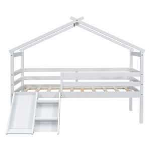 White Twin Low Loft House <strong>Bed</strong> <strong>with</strong> <strong>Slide</strong>, Ladder &amp; Safety Guardrails Kids Playhouse <strong>Bed</strong> <strong>with</strong> Roof Frame - Product Image 6