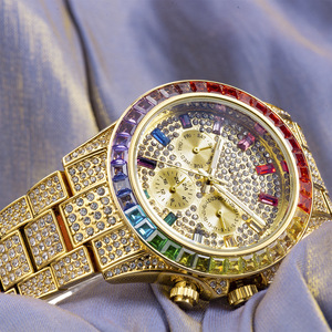 Reloj de Moda de Alta Gama con Bisel Arcoíris, Estilo Hip-hop, Completamente Adornado con Diamantes, Calendario Semanal de 24 Horas, Multifunción, Movimiento Citizen, Aleación - Product Image 3