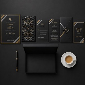 Set di Inviti Matrimoniali in Lamina Doppia Oro e Argento |   Finestra Tagliata al Laser Nera Opaca 600gsm per Aziende - Vendita all'Ingrosso - Product Image 4