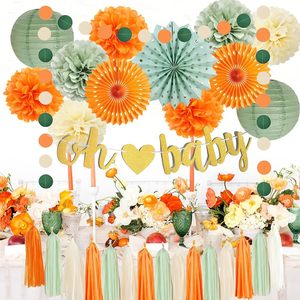 Decoraciones para Baby Shower en <span class=keywords><strong>Verde</strong></span> y Naranja, Pompones, Faroles y Guirnaldas en Beige, <span class=keywords><strong>Verde</strong></span> Salvia y Naranja para Fiestas de Cumpleaños de Niños y Niñas - Product Image 4