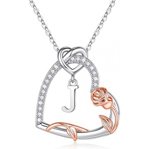 Collier Pendentif Cœur d'Amour en Laiton Plaqué Or Rose avec Chaîne à Maillons et Zircon, Lettre Initiale de l'Alphabet Anglais (26 Lettres) pour Femme - Product Image 6