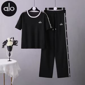 A-L-O Yoga Women's Bow Collar Short-Sleeve <strong>Viscose</strong>/Polyester Knitted <strong>Top</strong> &amp; Above Knee Wide-Leg Pants Two-Piece Set - Product Image 4