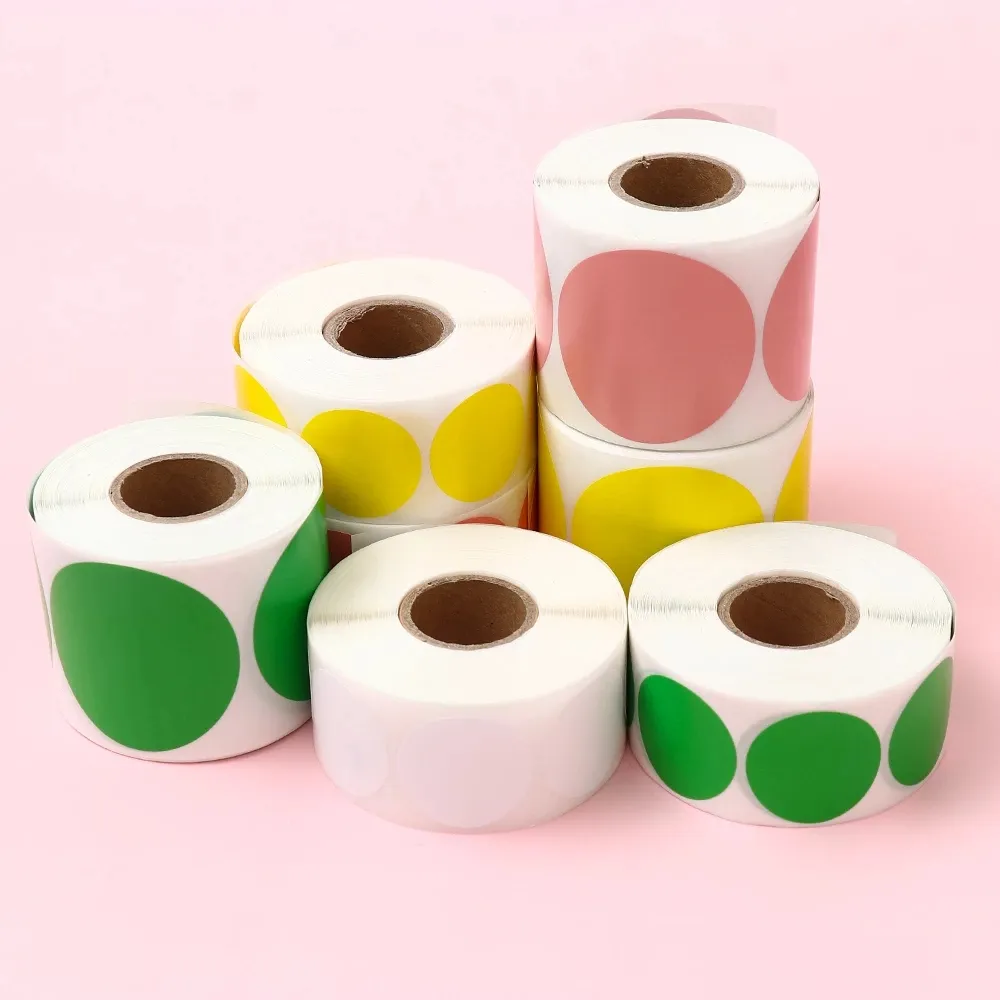 Custom Colorful Direct Thermal Dot Sticker White Green Yellow Pink Colour Red Round 1" 2" Color Circle Thermal Sticker Label