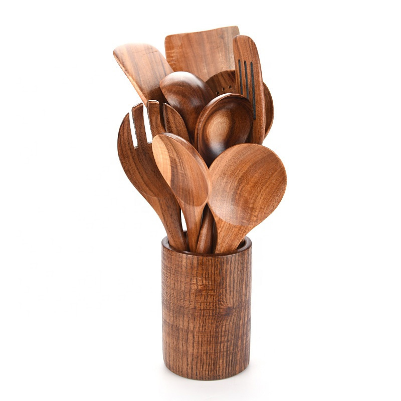 Hot Selling Kitchen Accessories Kitchen Products 12 Pcs Wooden Cooking Utensils Spatulas Acacia Teak Wood Kitchen Utensils Set · image 2