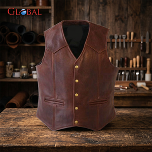 <b>Brown</b> <b>Top</b> Quality Men Leather <b>Vest</b> for Motorbike New Design OEM - Product Image 3