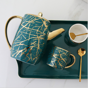 Ensemble de tasses et soucoupes à café créatives nordiques pour la maison, plateau en céramique, style nordique, ensemble de tasses à café de l'après-midi en marbre vert de luxe - Product Image 3