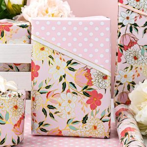 Maypluss Pink Floral Wrapping <b>Paper</b> Roll 17Inch x 33Feet Gold Edge Design For Wedding Bridal Shower Birthday Gift Wrap - Product Image 3
