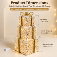 Lot de boîtes cadeaux de Noël en fer texturé lumineuses, 3 tailles, ruban doré tricoté, LED chaudes, pour décoration intérieure, style européen et américain