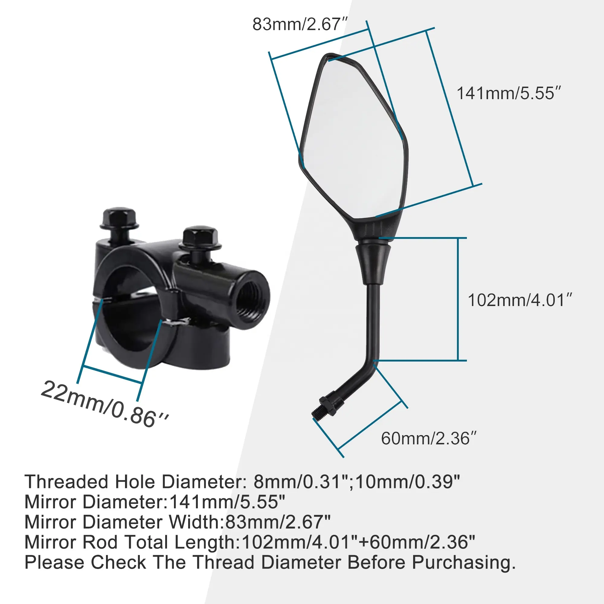 GOOFIT — paire de rétroviseur noir de moto, 10mm, avec boulon, pinces de guidon, remplacement pour Scooter, ATV, 7/8"