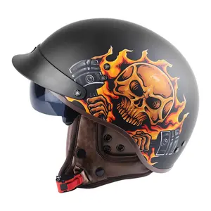 オープンフェイスブラックイエローゴーストパターンABSレトロヴィンテージバイクヘルメットドット付き工場価格