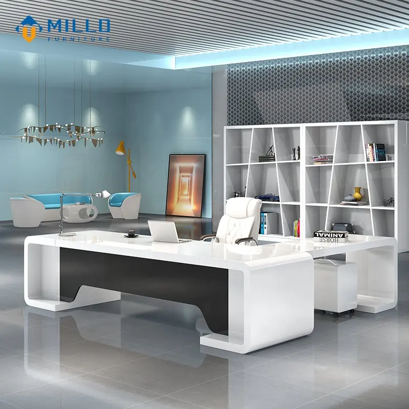 Mesa de oficina de lujo hecha a mano, personalizada, moderna, en forma de L, escritorio de oficina blanco