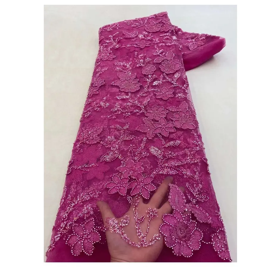 Fushia Pink 3D Embroidered Fabric With Sequins&Beads For Ladies African Lace Clothing Wear